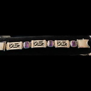 Sterling Silver 925 3 Link 3 Amethyst Emerald cut gemstone bracelet.